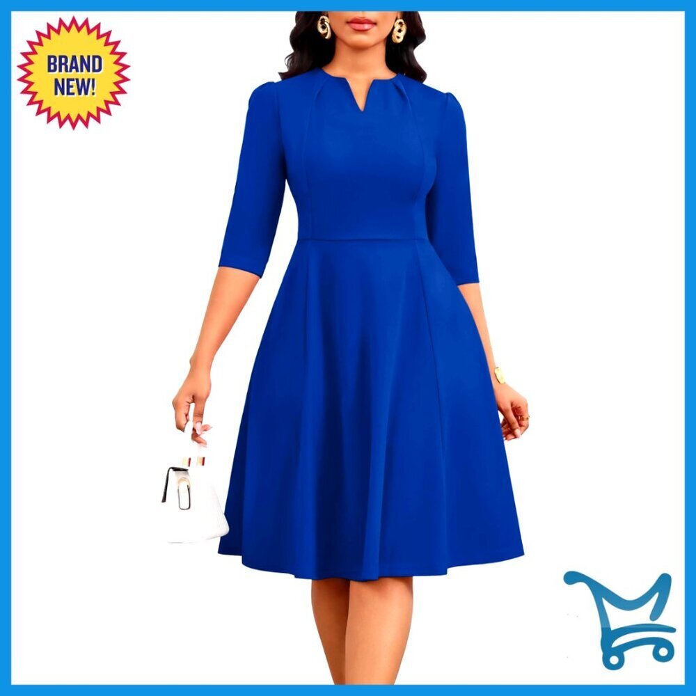 Elegant A-Line Midi Dress Fit Flare 3/4 Sleeve Semi Formal Work Church Business